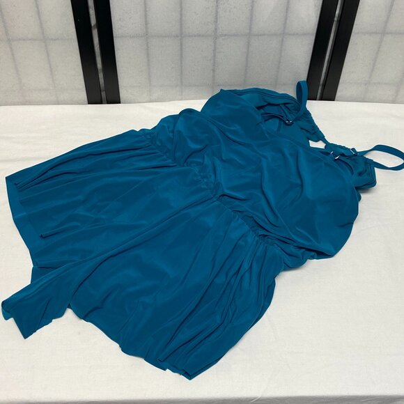 Aqua Green Keyhole Neck Blouson One Piece Swim Romper Dress Pockets Teal NWT - Picture 9 of 13